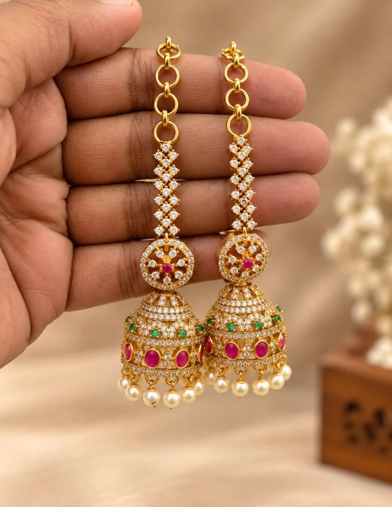 Kemp Stone Jhumka with Mattal Ear Chain - AF1013086