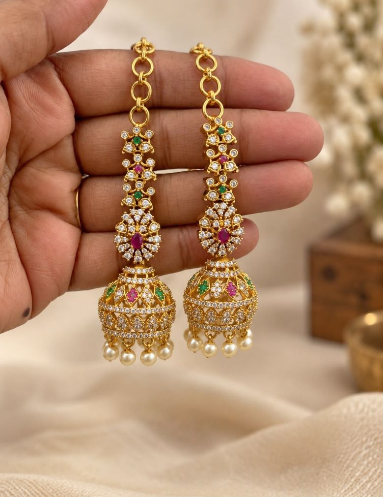 Kemp Stone Jhumka with Mattal Ear Chain - AF1013088