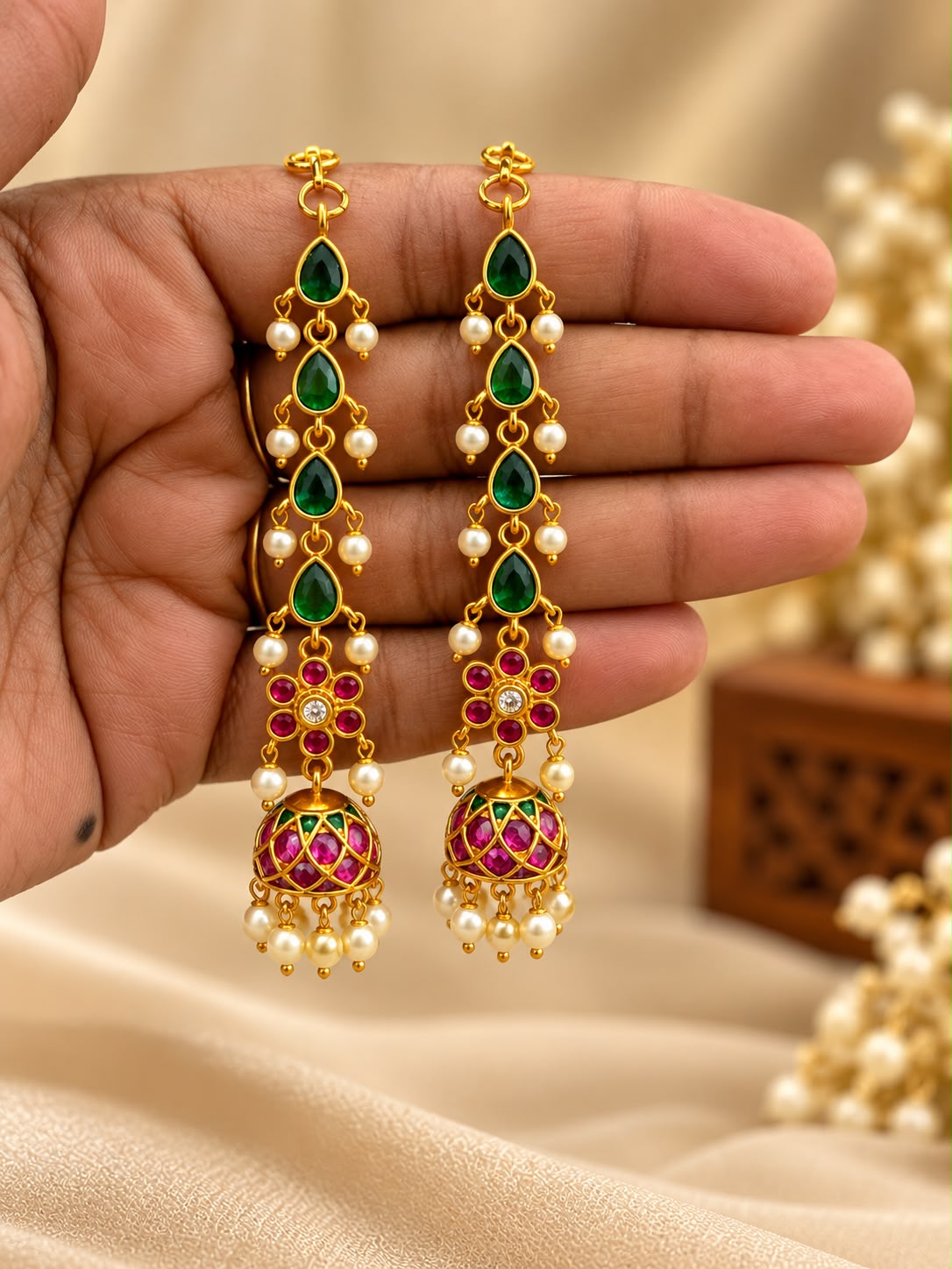 Kemp Stone Jhumka with Mattal Ear Chain – AF1013093