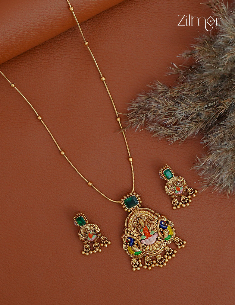 Lakshmi Meenakari Pendant With Long Antique Necklace Earrings Set- KA1012371