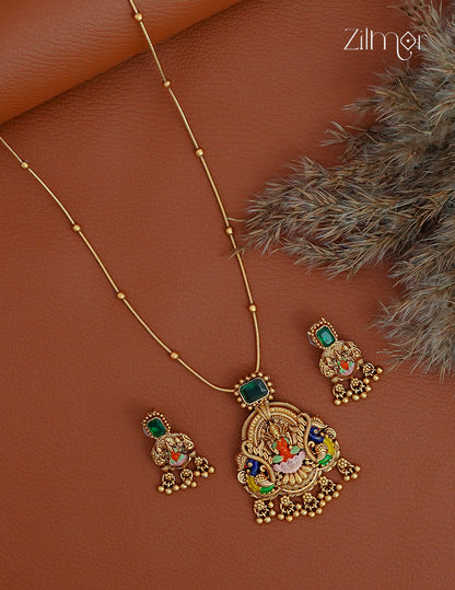 Lakshmi Meenakari Pendant With Long Antique Necklace Earrings Set- KA1012371