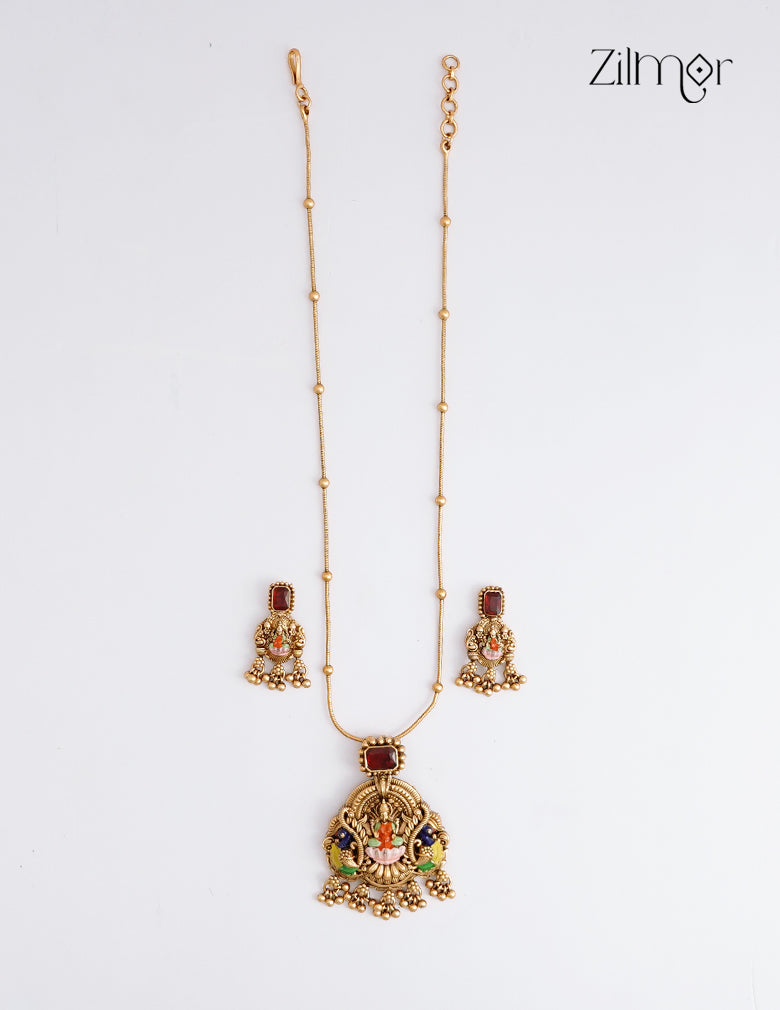 Lakshmi Meenakari Pendant With Long Antique Necklace Earrings Set- KA1012371