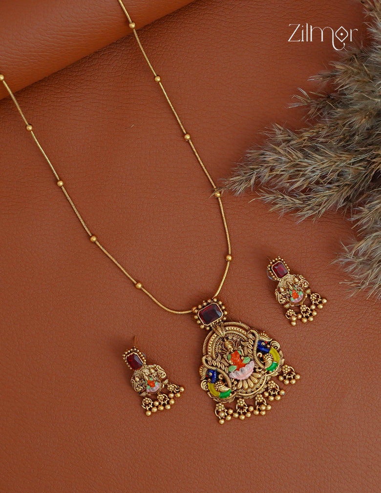 Lakshmi Meenakari Pendant With Long Antique Necklace Earrings Set- KA1012371