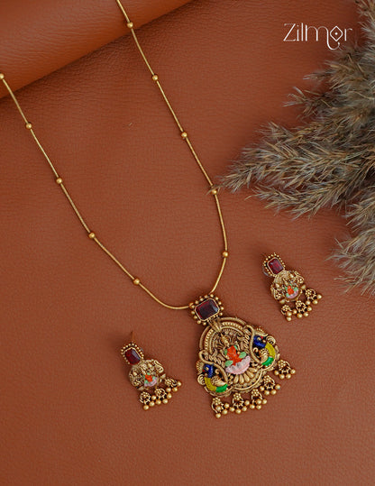 Lakshmi Meenakari Pendant With Long Antique Necklace Earrings Set- KA1012371
