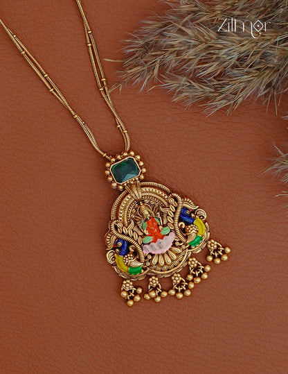 Lakshmi Meenakari Pendant With Long Antique Double Layer Necklace Earrings Set- KA1012384