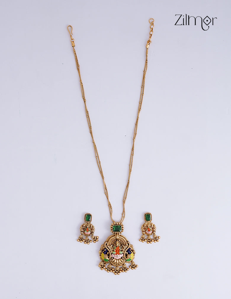 Lakshmi Meenakari Pendant With Long Antique Double Layer Necklace Earrings Set- KA1012384
