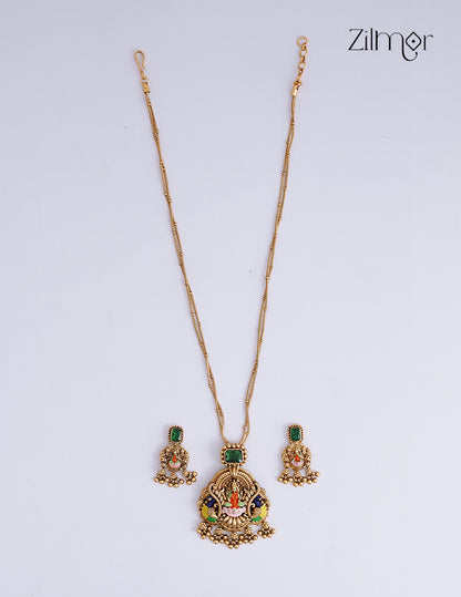 Lakshmi Meenakari Pendant With Long Antique Double Layer Necklace Earrings Set- KA1012384