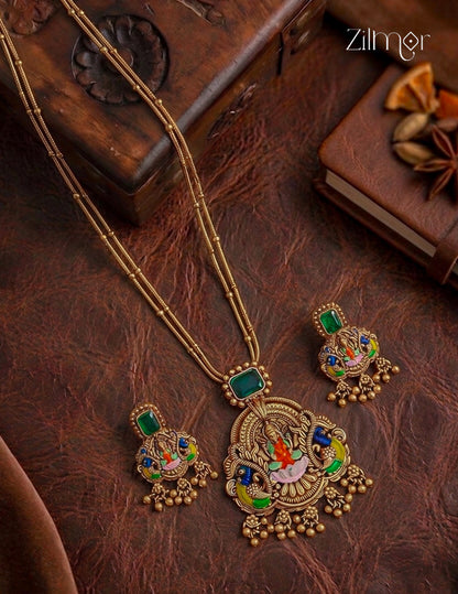 Lakshmi Meenakari Pendant With Long Antique Double Layer Necklace Earrings Set- KA1012384