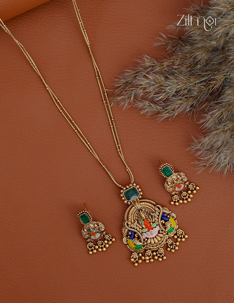 Lakshmi Meenakari Pendant With Long Antique Double Layer Necklace Earrings Set- KA1012384