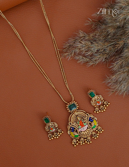 Lakshmi Meenakari Pendant With Long Antique Double Layer Necklace Earrings Set- KA1012384