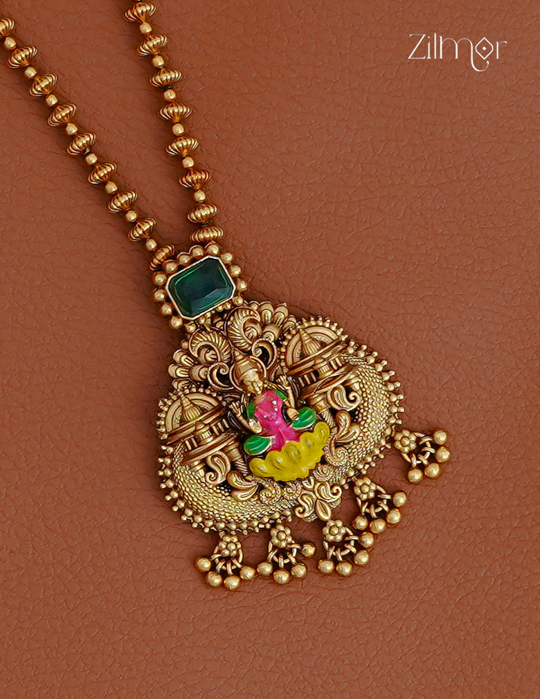 Lakshmi Pendant With Long Antique Necklace Earrings Set - KA1012370