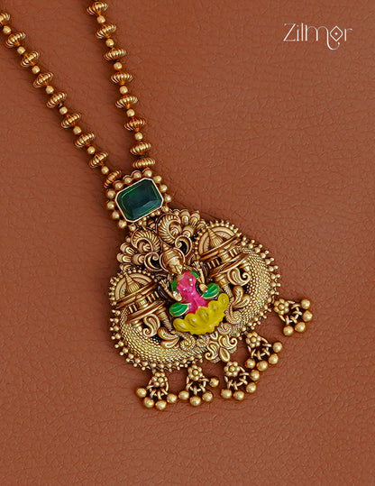 Lakshmi Pendant With Long Antique Necklace Earrings Set - KA1012370