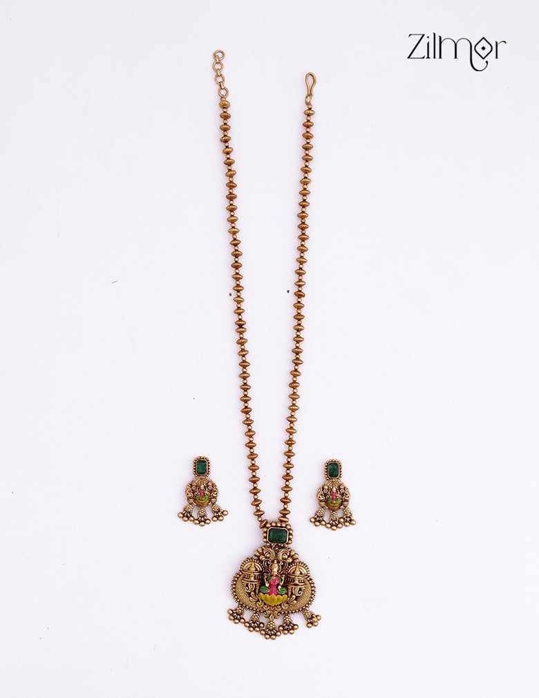 Lakshmi Pendant With Long Antique Necklace Earrings Set - KA1012370