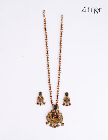 Lakshmi Pendant With Long Antique Necklace Earrings Set - KA1012370