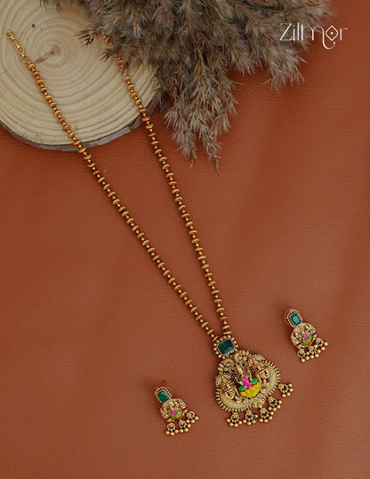 Lakshmi Pendant With Long Antique Necklace Earrings Set - KA1012370