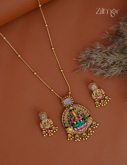 Lakshmi Pendant With Long Antique Chain Necklace Earrings Set- KA1012372