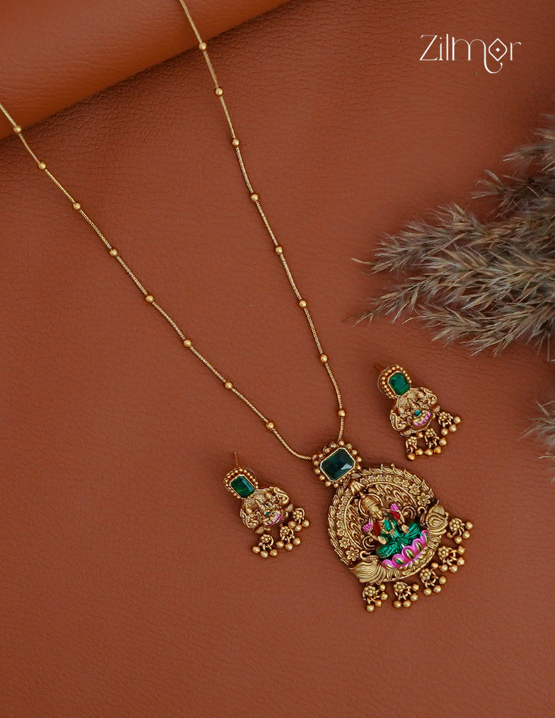 Lakshmi Pendant With Long Antique Chain Necklace Earrings Set- KA1012372