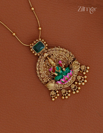 Lakshmi Pendant With Long Antique Chain Necklace Earrings Set- KA1012372