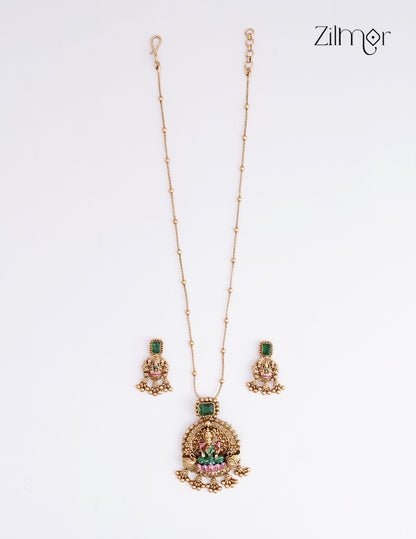 Lakshmi Pendant With Long Antique Chain Necklace Earrings Set- KA1012372
