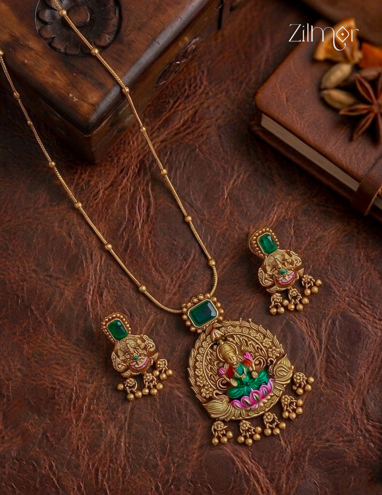 Lakshmi Pendant With Long Antique Chain Necklace Earrings Set- KA1012372
