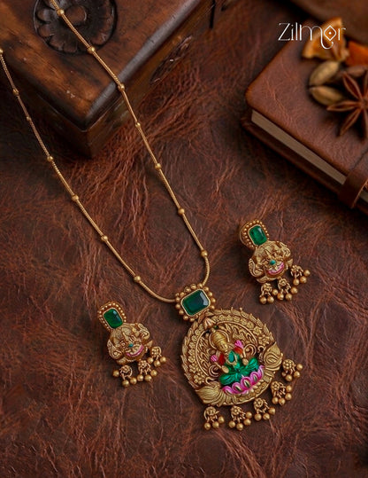 Lakshmi Pendant With Long Antique Chain Necklace Earrings Set- KA1012372