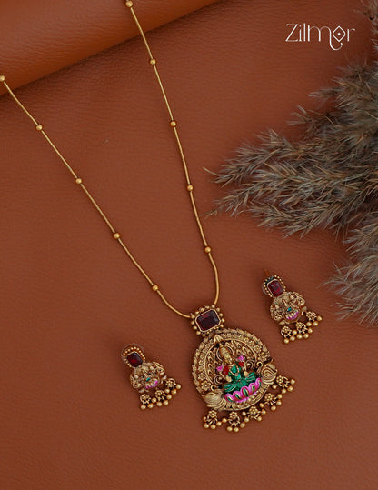 Lakshmi Pendant With Long Antique Chain Necklace Earrings Set- KA1012372