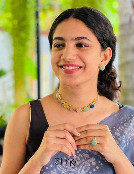 Liba - Multi Colour Natural Stone Necklace Earrings Set (color option)