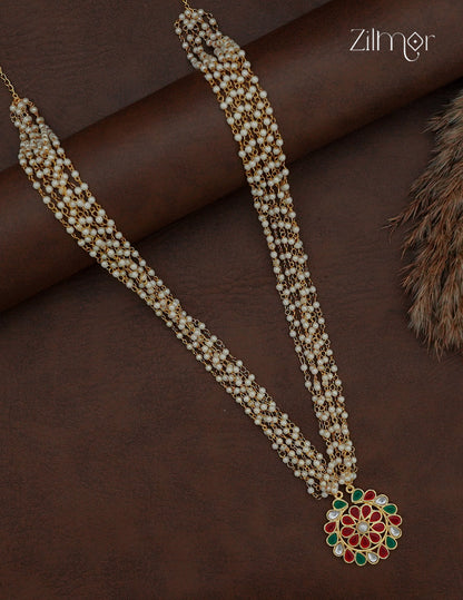 Long Pearl Layered Necklace with Kemp Stone Pendant - AS1012940
