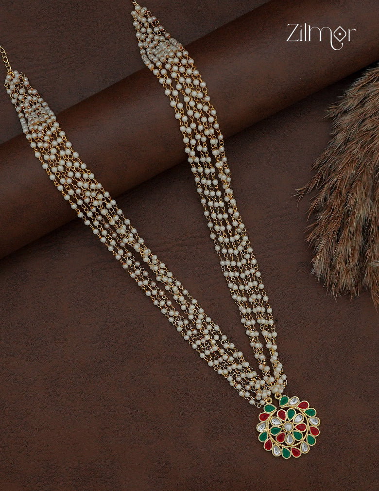 Long Pearl Layered Necklace with Kemp Stone Pendant - AS1012940