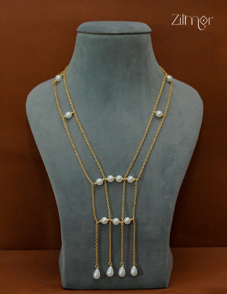 Long Pearl Station Necklace with Teardrop Tassel Drops - AS1012689