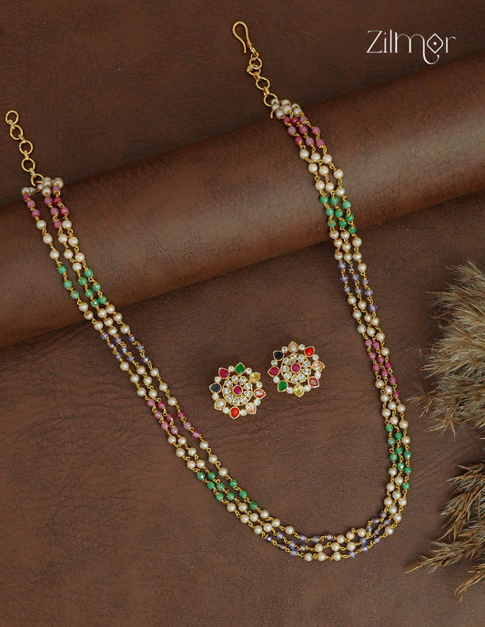 Multi Colour Layer Necklace with Navratna Earring Set - ZV1012400