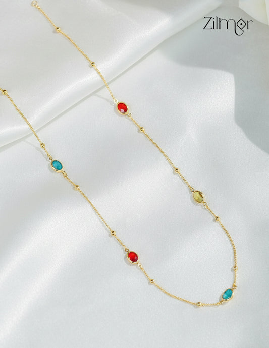 Multi Colour Stone Long Necklace – 18K Gold Plated Minimal Chain