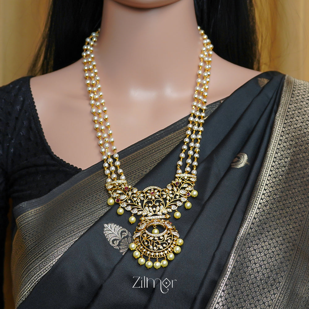 SN1011465 - AD Stone Pearl Long Haram Necklace Earrings Set