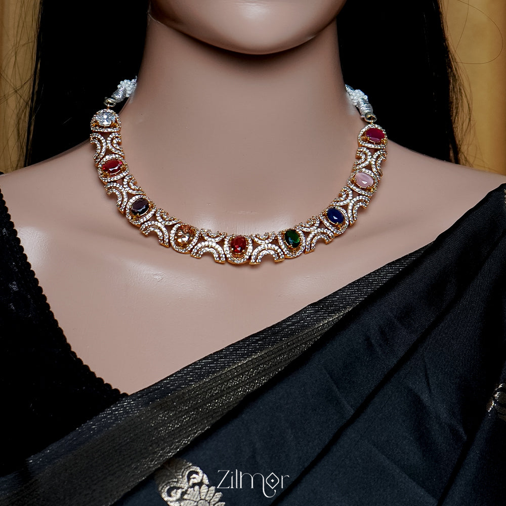 SN1011464 - AD Stone Choker Necklace Earrings Set (color option)