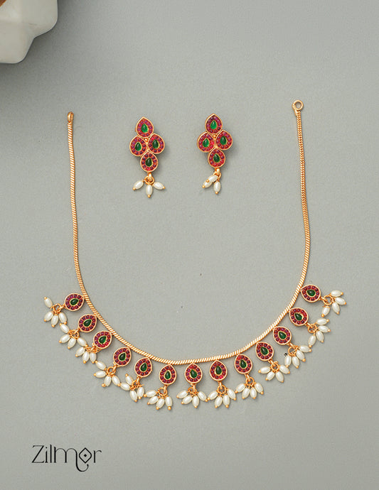 NV1011262 -  Kemp Stone Rice Pearl Hanging Necklace Earrings Set