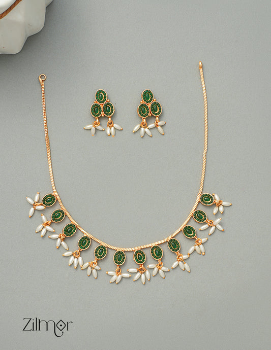 NV1011262 -  Kemp Stone Rice Pearl Hanging Necklace Earrings Set