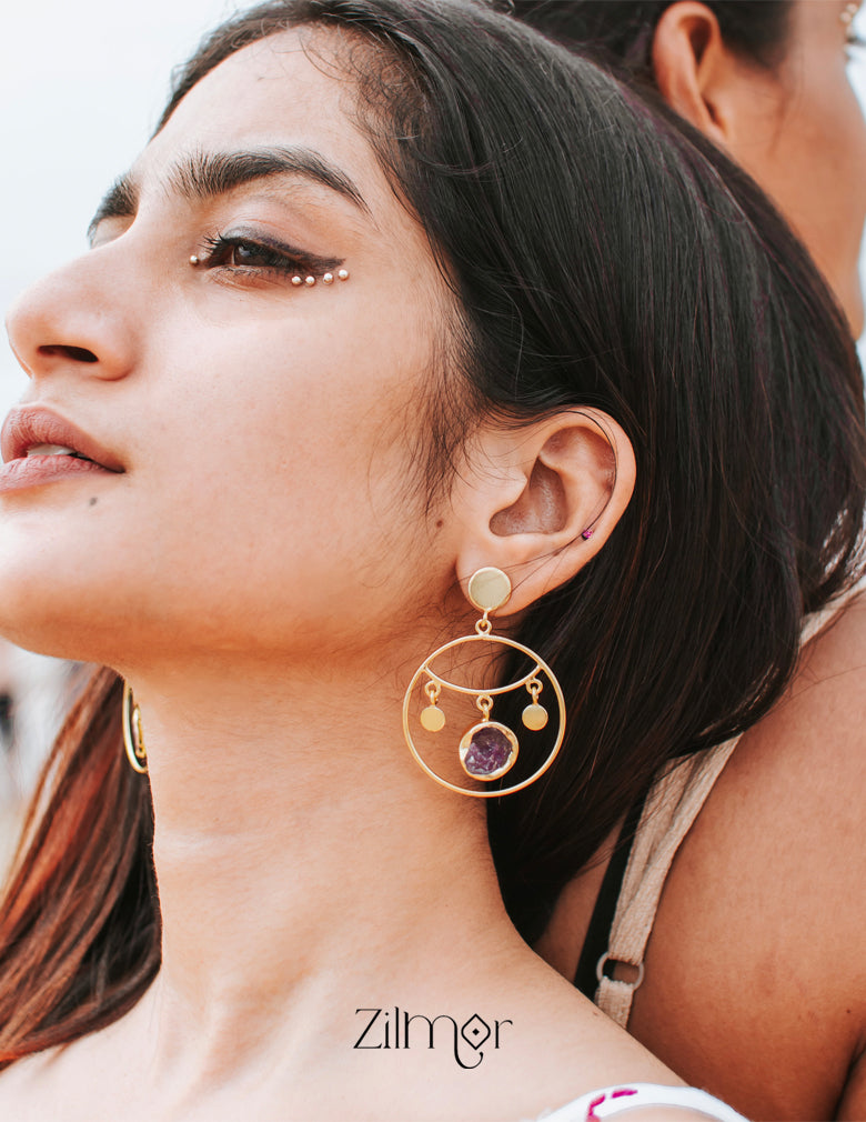 Natural Raw Stone Circular Shaped Drop Earrings - KE100724 2-Zilmor