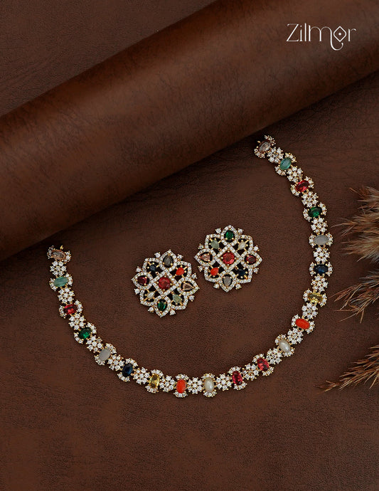 Navaratna Bridal Choker Necklace Set with Earrings - SC1012796