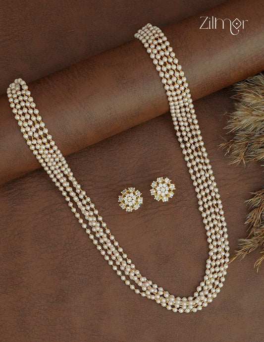 Pearl Bead Layer Necklace with AD Floral Earring Set - ZV1012404
