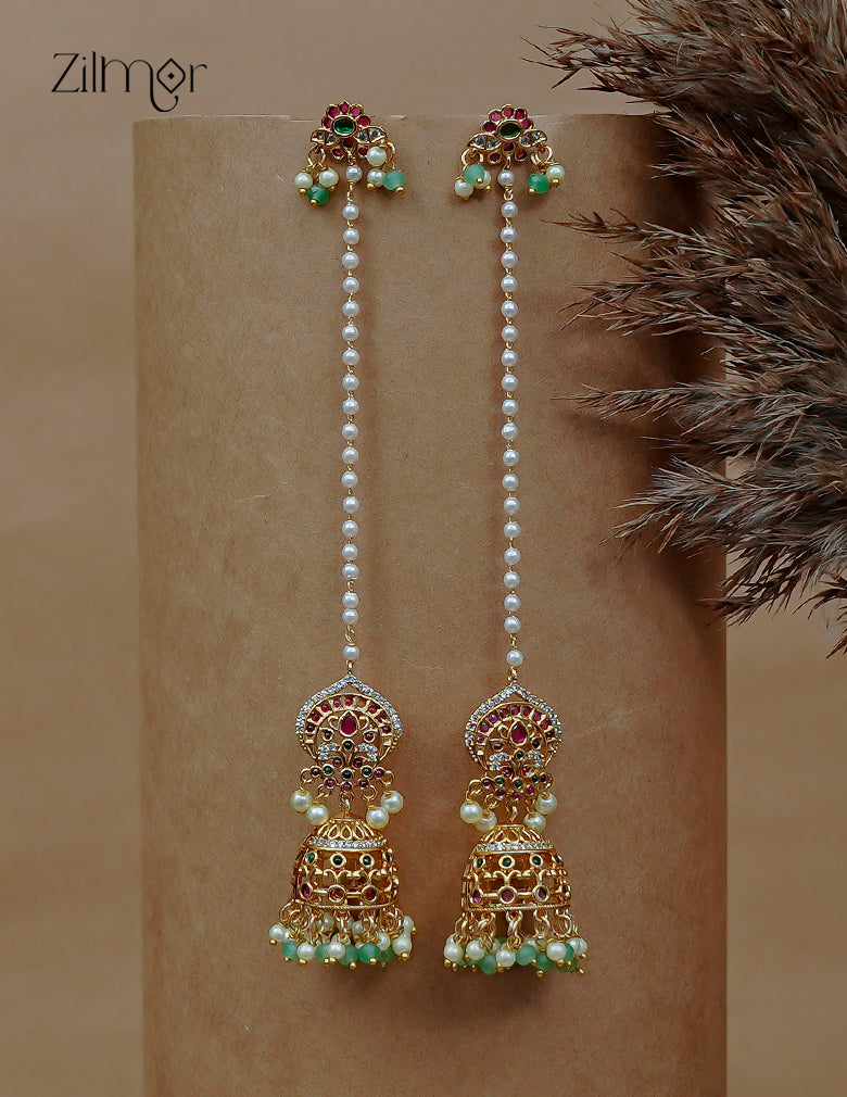 Pearl Hanging Jhumka Earrings with Ear Chain - AF1012869