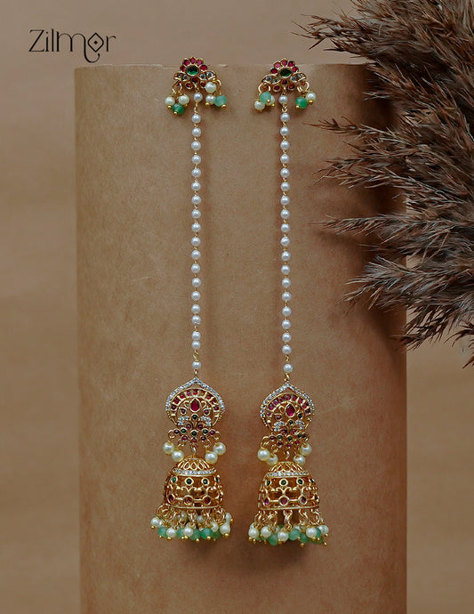 Pearl Hanging Jhumka Earrings with Ear Chain - AF1012869
