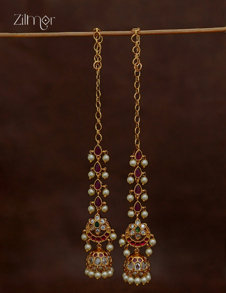 Pearl Hanging Jhumka Earrings with Ear Chain - SC1012768