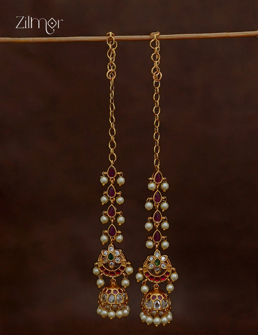 Pearl Hanging Jhumka Earrings with Ear Chain - SC1012768