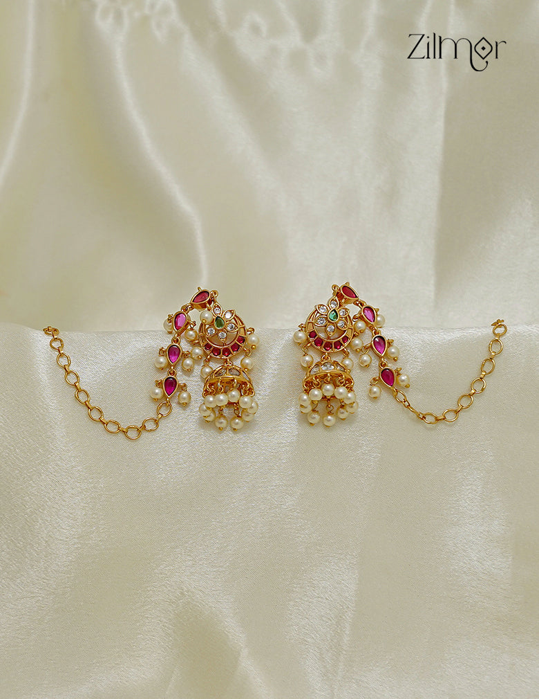 Pearl Hanging Jhumka Earrings with Ear Chain - SC1012768
