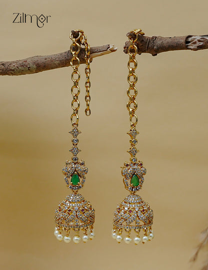 Pearl Hanging Ad Stone Jhumka Earrings with Maatti - AF1013087