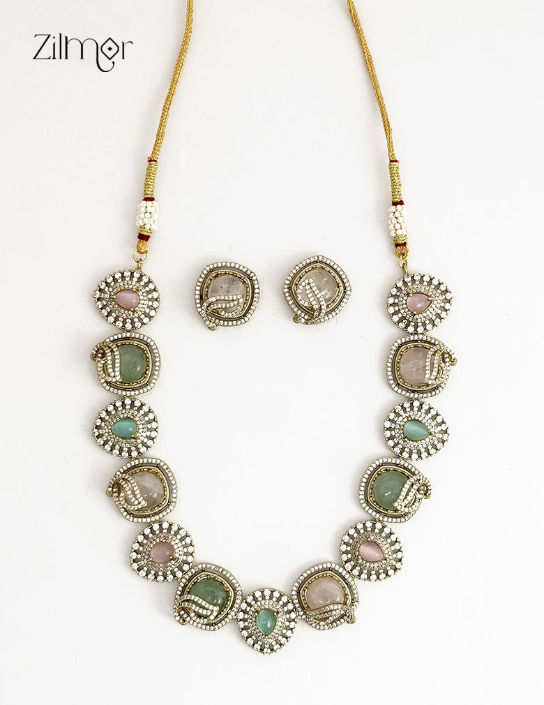 Premium Antique AD Stone Choker Necklace & Earring Set - KH1012406