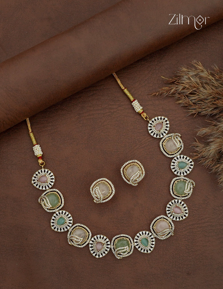 Premium Antique AD Stone Choker Necklace & Earring Set - KH1012406