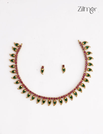 Premium Antique Ad Stone Necklace Set with Matching Earrings - SC1012741