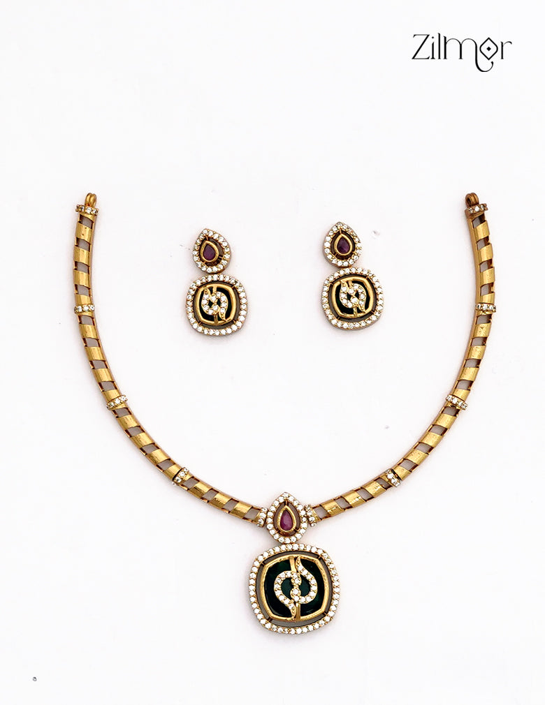 Premium Antique Ad Stone Necklace Set with Matching Earrings - SC1012765