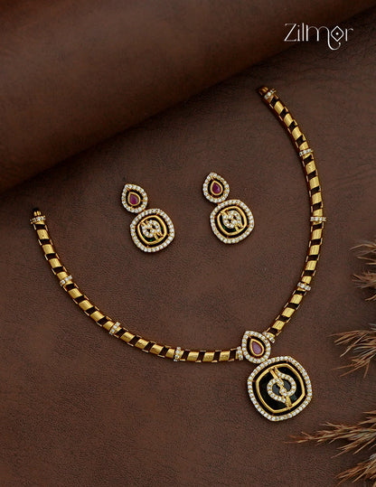 Premium Antique Ad Stone Necklace Set with Matching Earrings - SC1012765